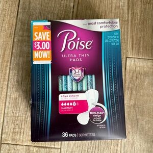 Poise Ultra Thin Pads Long Length 5 Drops 36 Pads